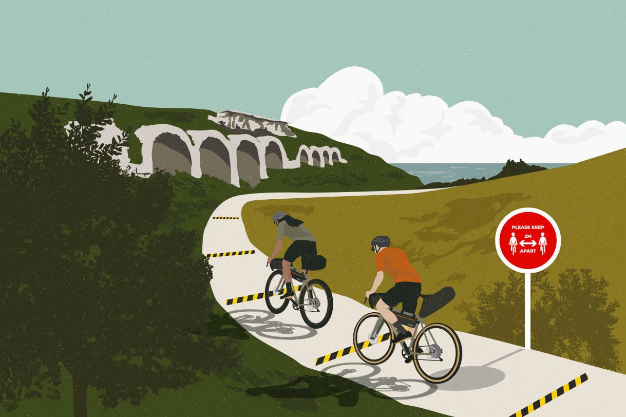 Illustration of two bikepackers riding apart past a red "Please keep 2m apart" sign, for The (Socially) Distance(d) 2020.