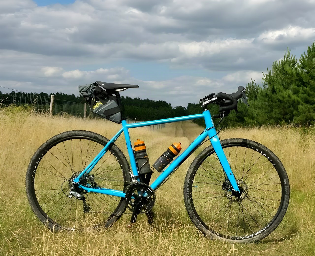 A blue gravel bike with drop bars and a seat pack stands in a grass field under a cloudy sky.