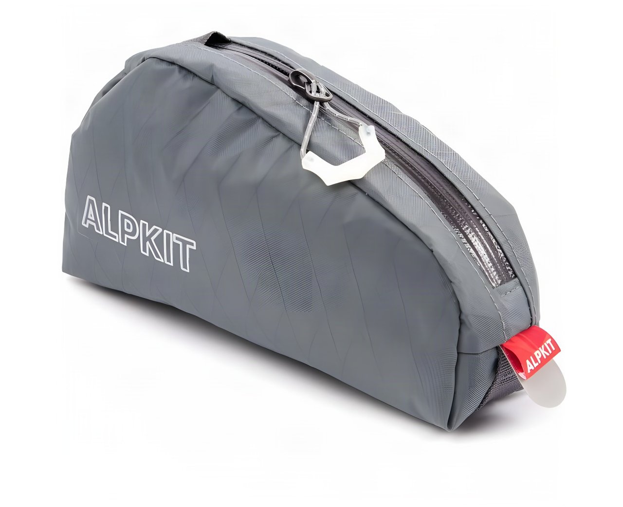 Grey Alpkit Fuel Pod (Medium) top tube bag with a zip closure and red pull tab, studio shot on white.