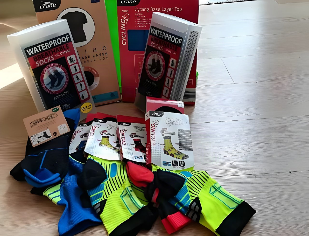 Crane cycling socks and base layers from Aldi in their packaging, with waterproof socks and hi-vis ergonomic socks.