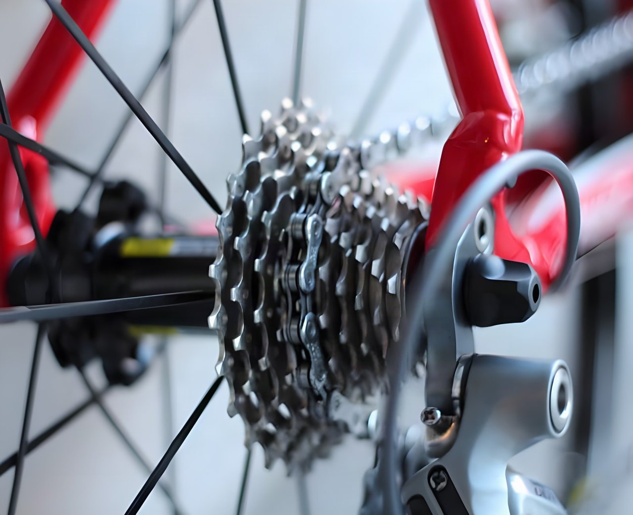 Close-up of a bicycle chain running over the rear cassette and derailleur of a red bike.