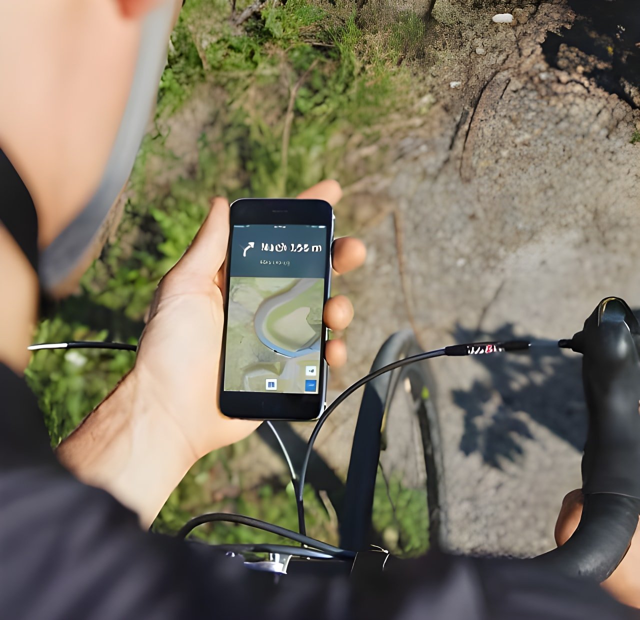 Cyclist holds a phone showing Komoot turn-by-turn navigation while riding a gravel track.