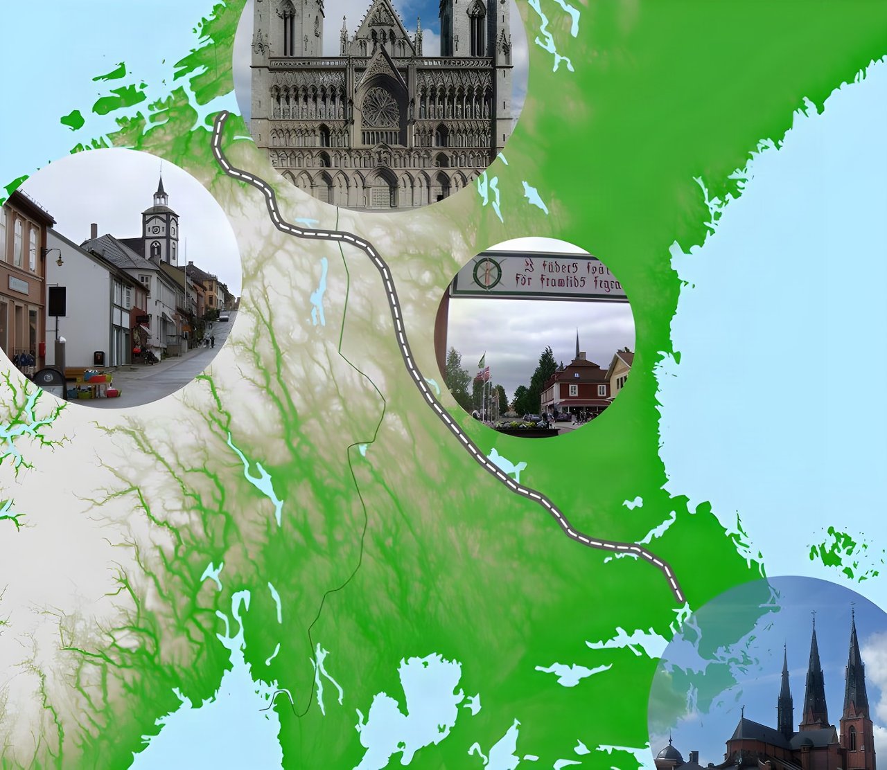 Route map of the Uppsala-Trondheim-Uppsala Randonnée brevet across Sweden and Norway, with town photos.