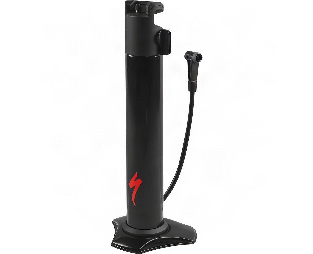 Specialized Air Tool Blast tubeless tyre setter, a black air canister with red logo, hose and wide base, on white.