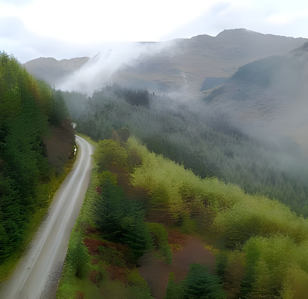 Narrow road winding along a forested hillside under low cloud on the Wild About Argyll Trail, Scotland.