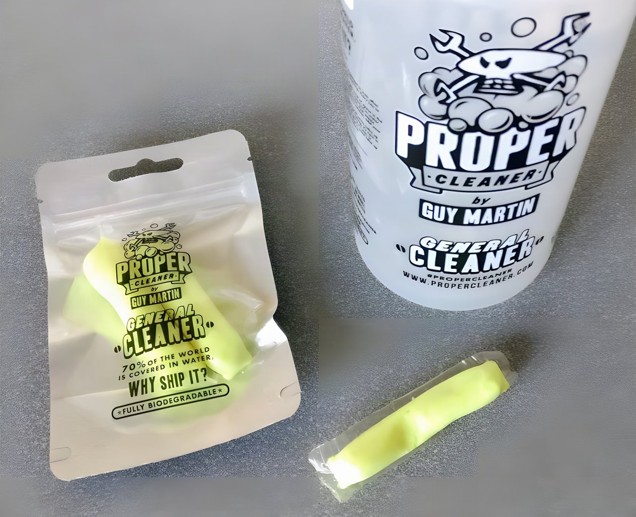 Guy Martin's Proper Cleaner bottle beside a pouch of soluble cleaner pellets and a single wrapped pellet.