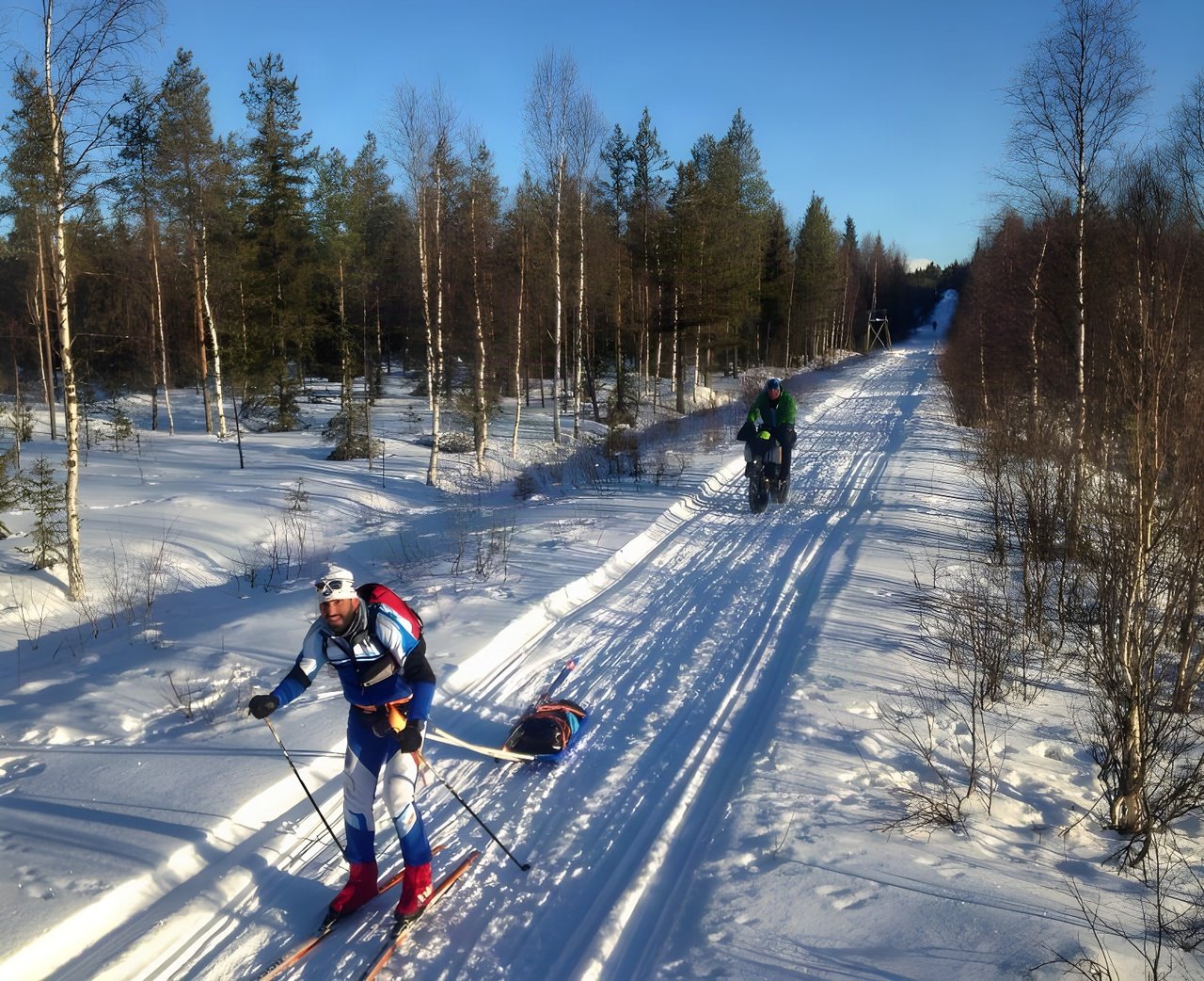 Skier pulling a sled and a fat biker share a snowy forest trail at the Rovaniemi winter race in Finland.