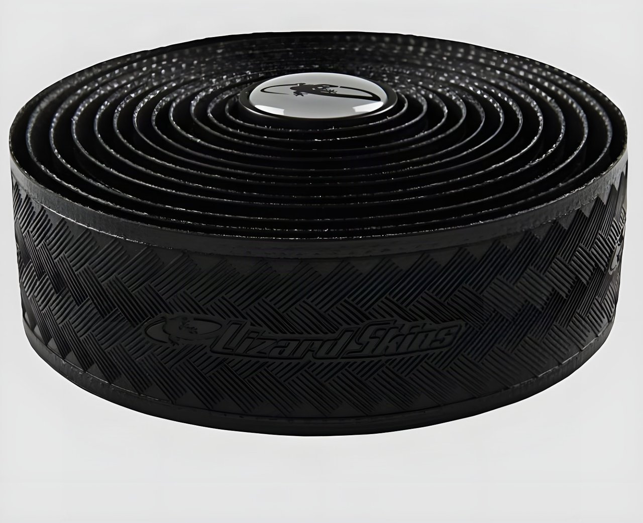 Lizard Skins DSP 3.2mm bar tape in black, rolled up with its textured, logo-embossed surface visible.