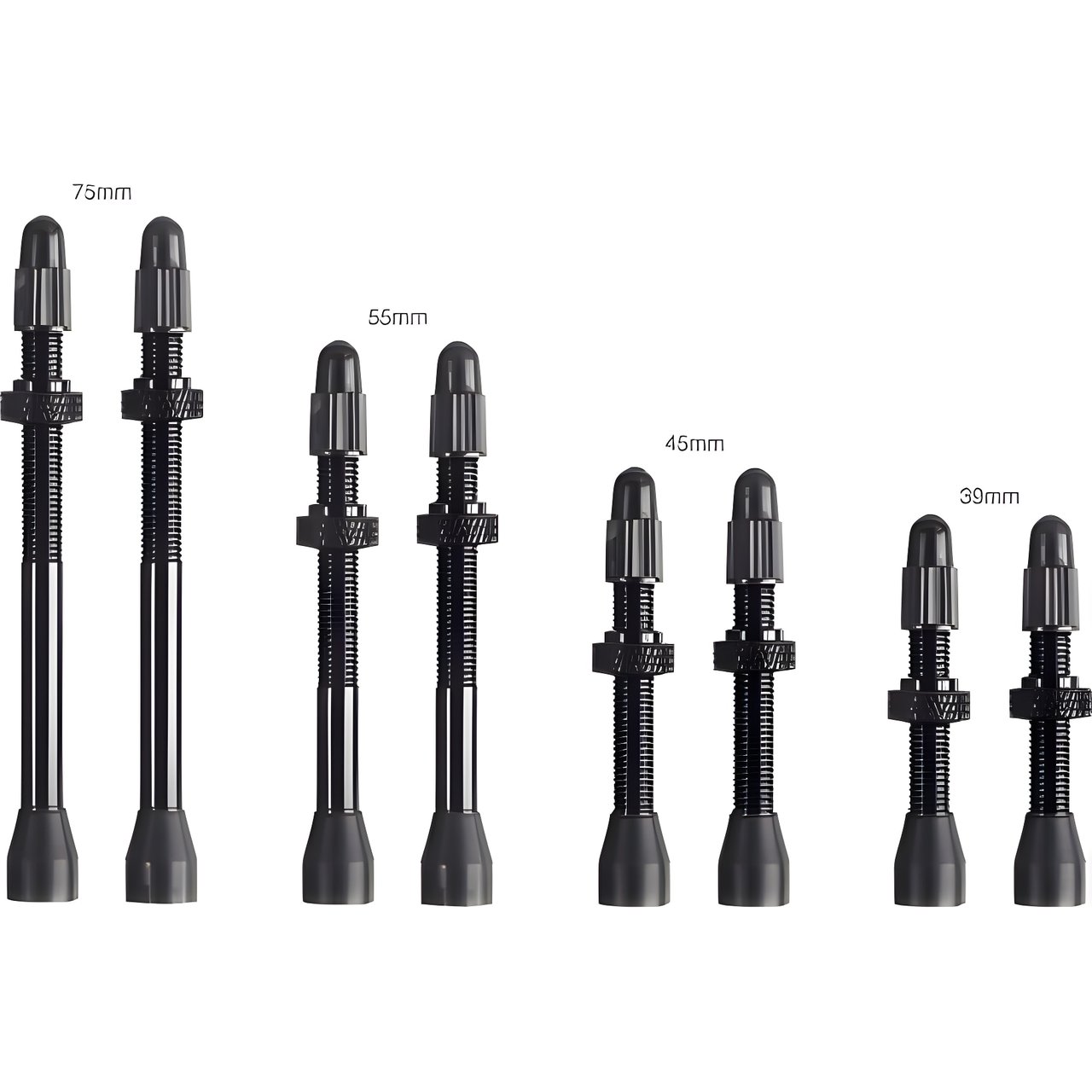 LifeLine tubeless Presta valves in black, shown in 75mm, 55mm, 45mm and 39mm lengths.