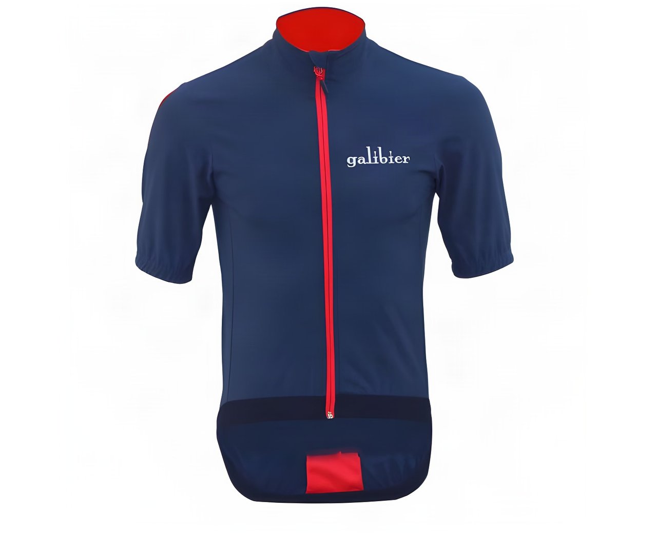 A navy Galibier Mistral Lite Foul Weather Jersey with red zip, high collar and short sleeves on white.