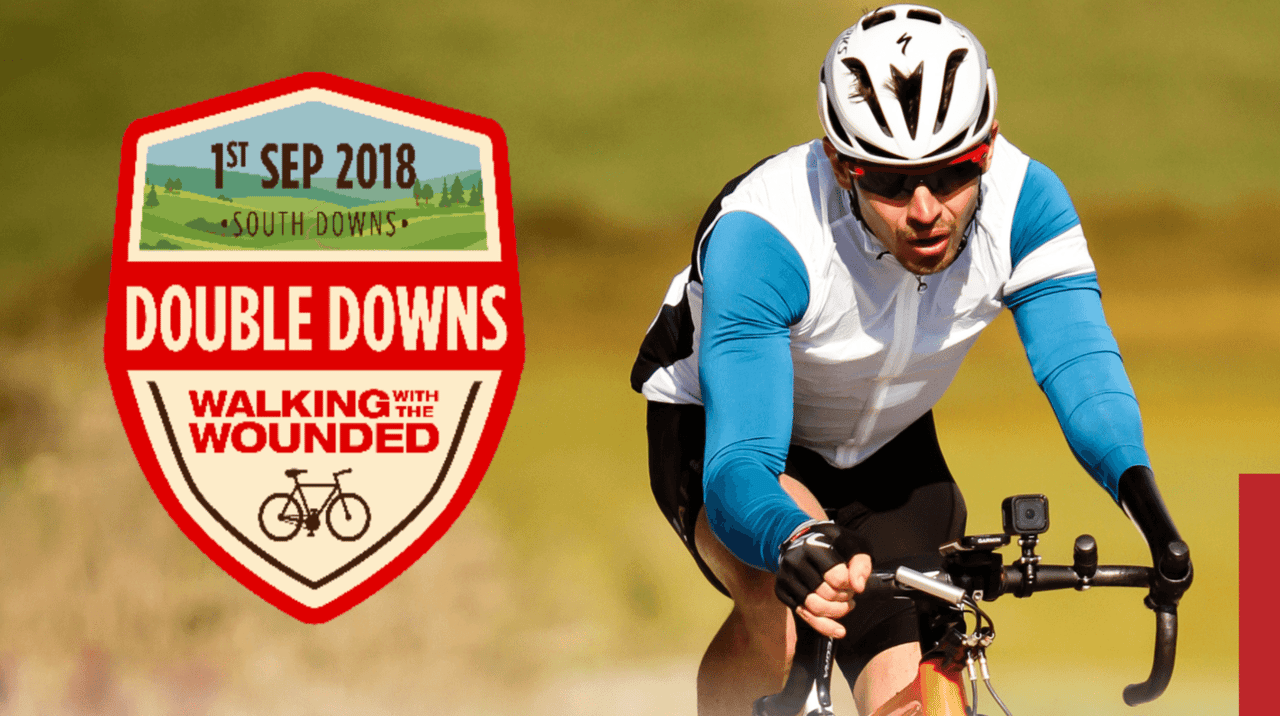 Double Downs flyer for the 1 September 2018 Walking With The Wounded South Downs cycling challenge, with a road cyclist.