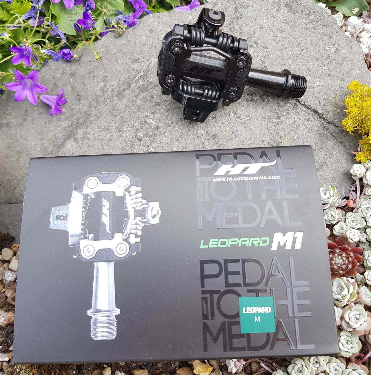 HT Components Leopard M1 clipless pedal in black on a rock above its retail box, among garden flowers.