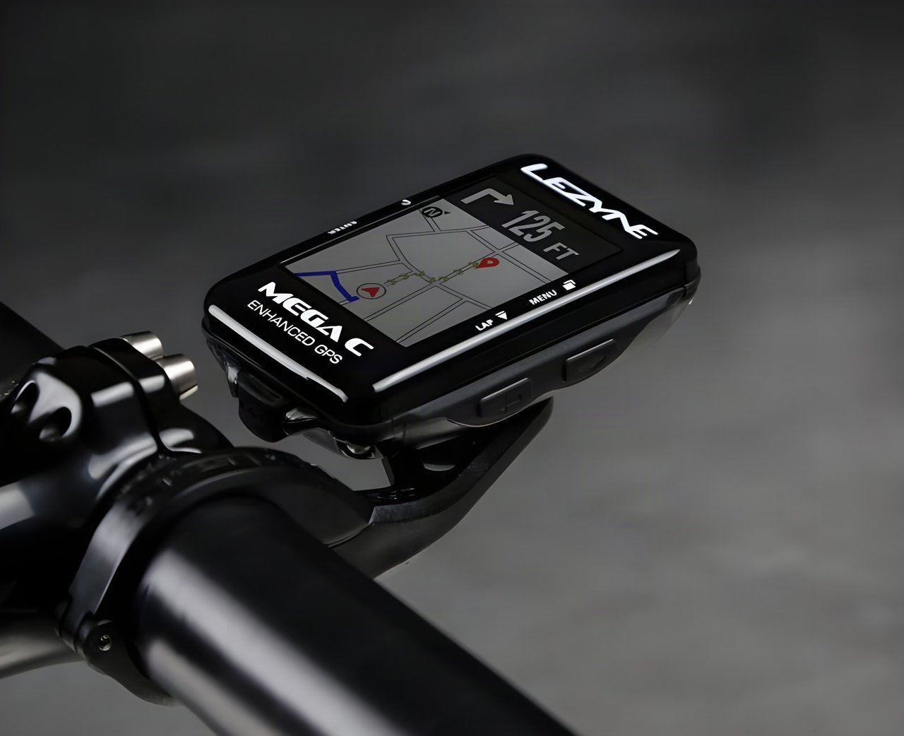 Lezyne Mega C GPS cycling computer on a handlebar mount, showing a turn-by-turn navigation map.