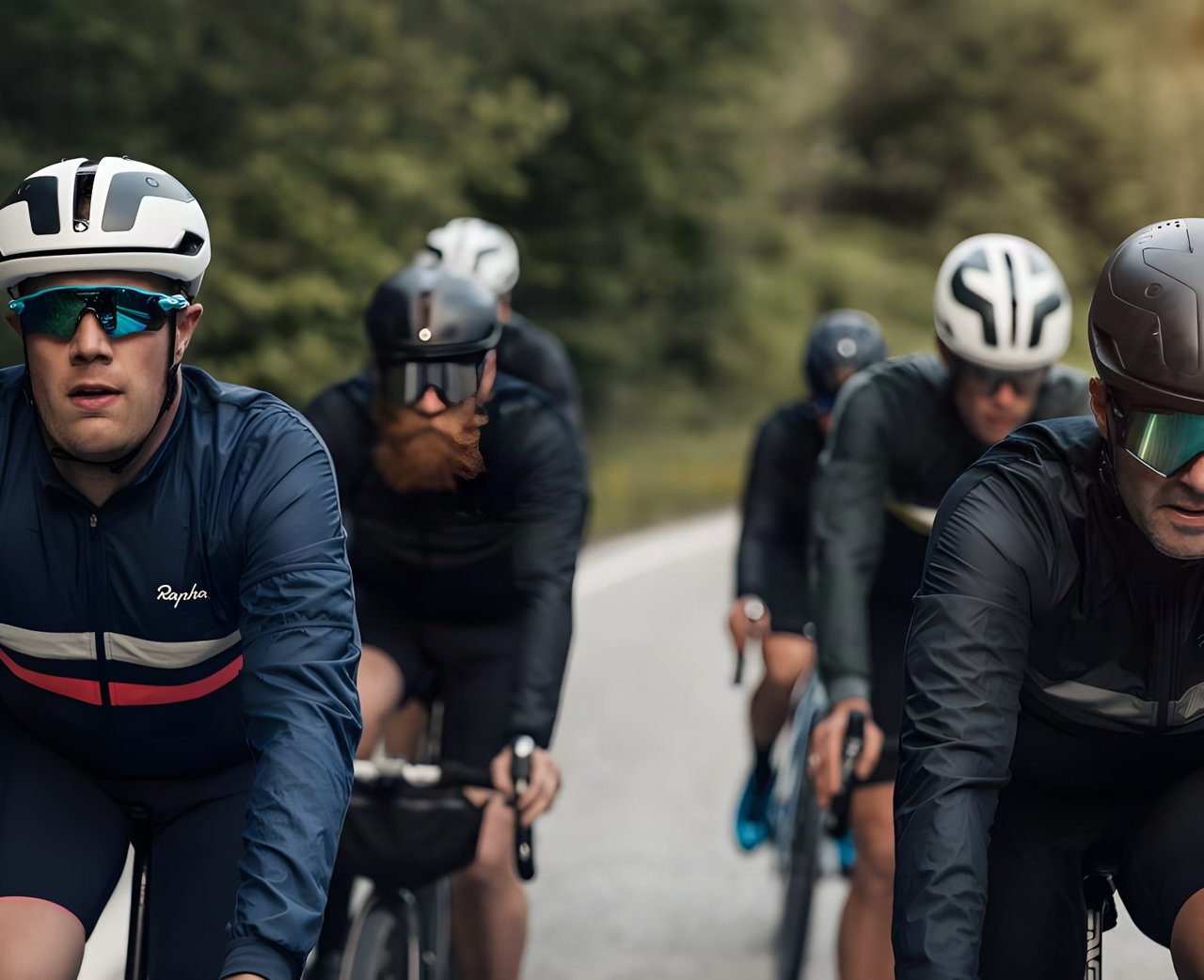 Group of cyclists in jackets and helmets ride close together on a wooded road, promoting the Velochef gravel trip.