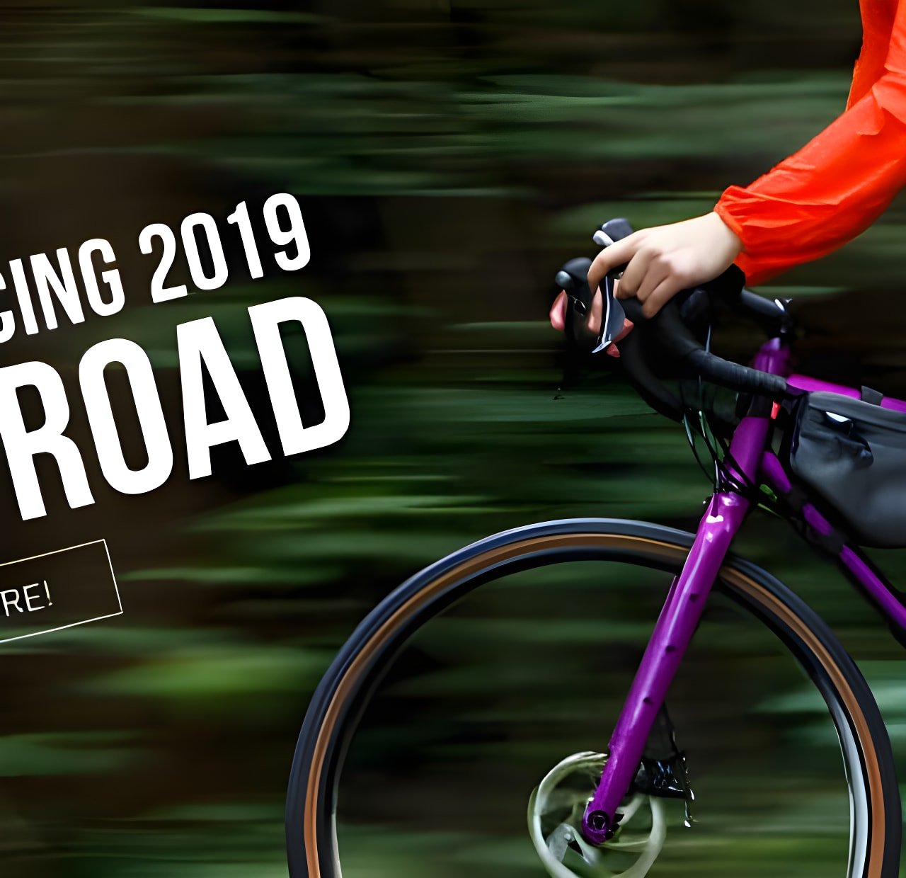 Salsa 2019 All-Road launch banner with a rider in an orange jacket on a purple drop-bar bike with a frame bag.
