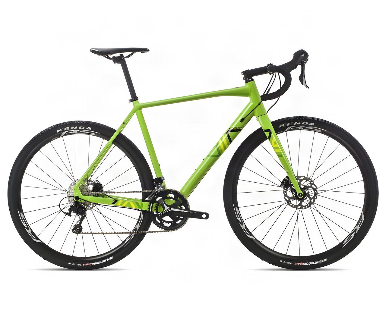 Orbea Terra Aluminium all-road bike in bright green with disc brakes, side view on white.