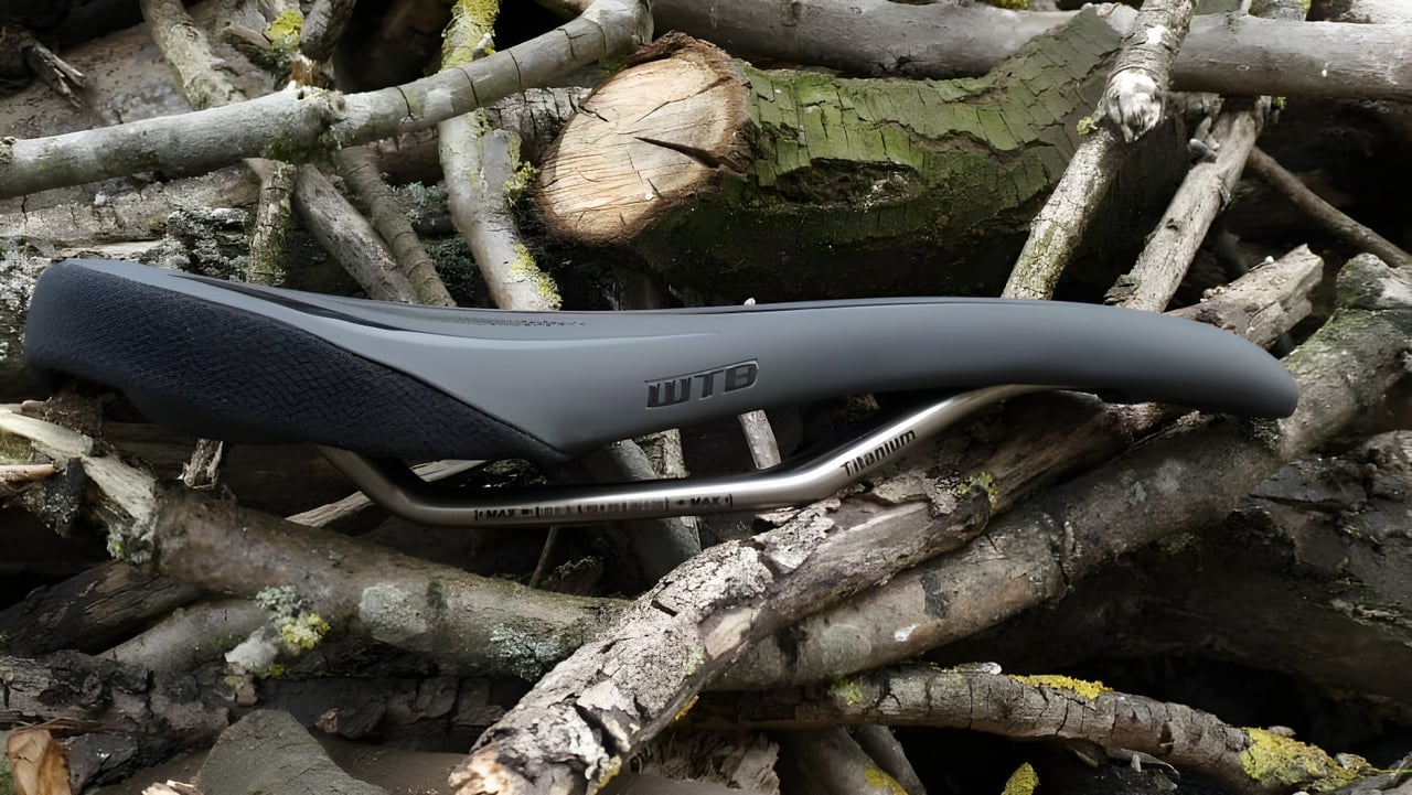 A WTB SL8 titanium-railed saddle resting on a pile of cut branches.