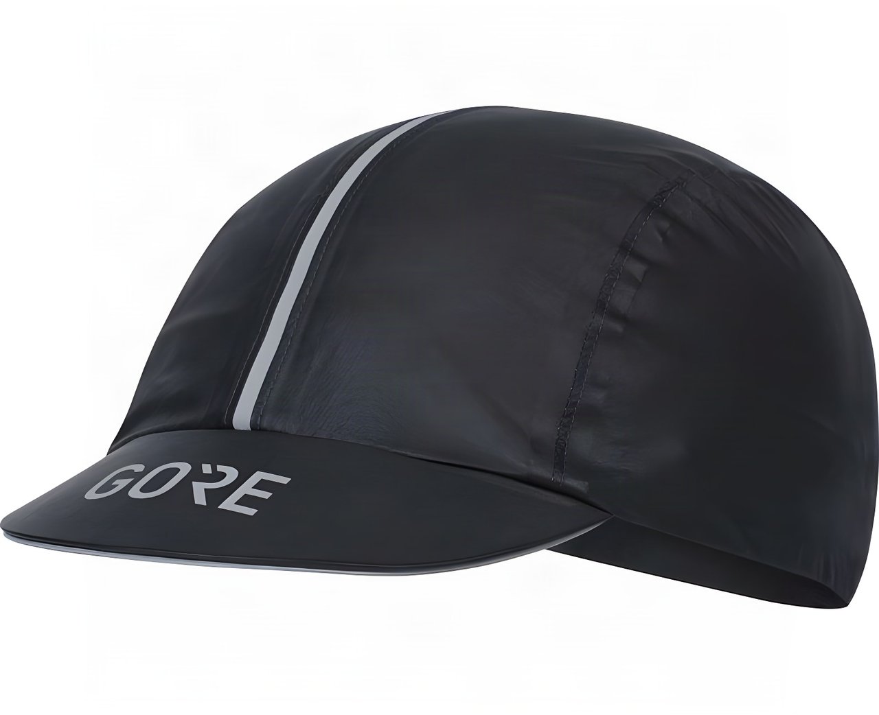 Gore C5 Gore-Tex Shakedry cycling cap in black with a reflective centre stripe and logo on the peak, studio shot on white.