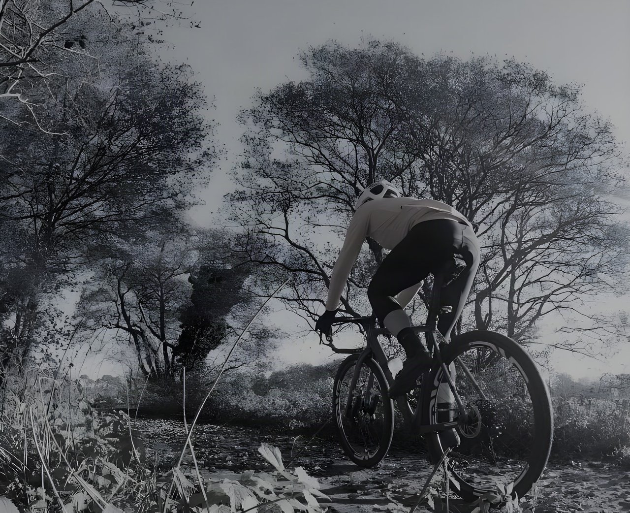 Rider in a pale jacket on a drop-bar bike pedals a leafy off-road track beneath bare winter trees.