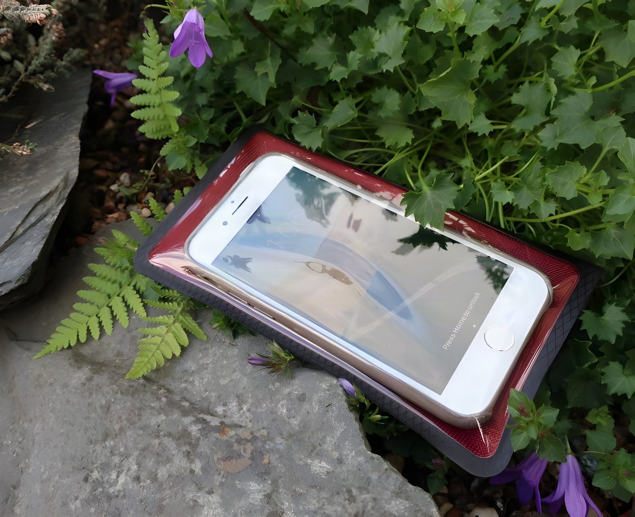 Fickaskåp waterproof phone wallet holding an iPhone, resting on a rock among ferns and purple flowers.