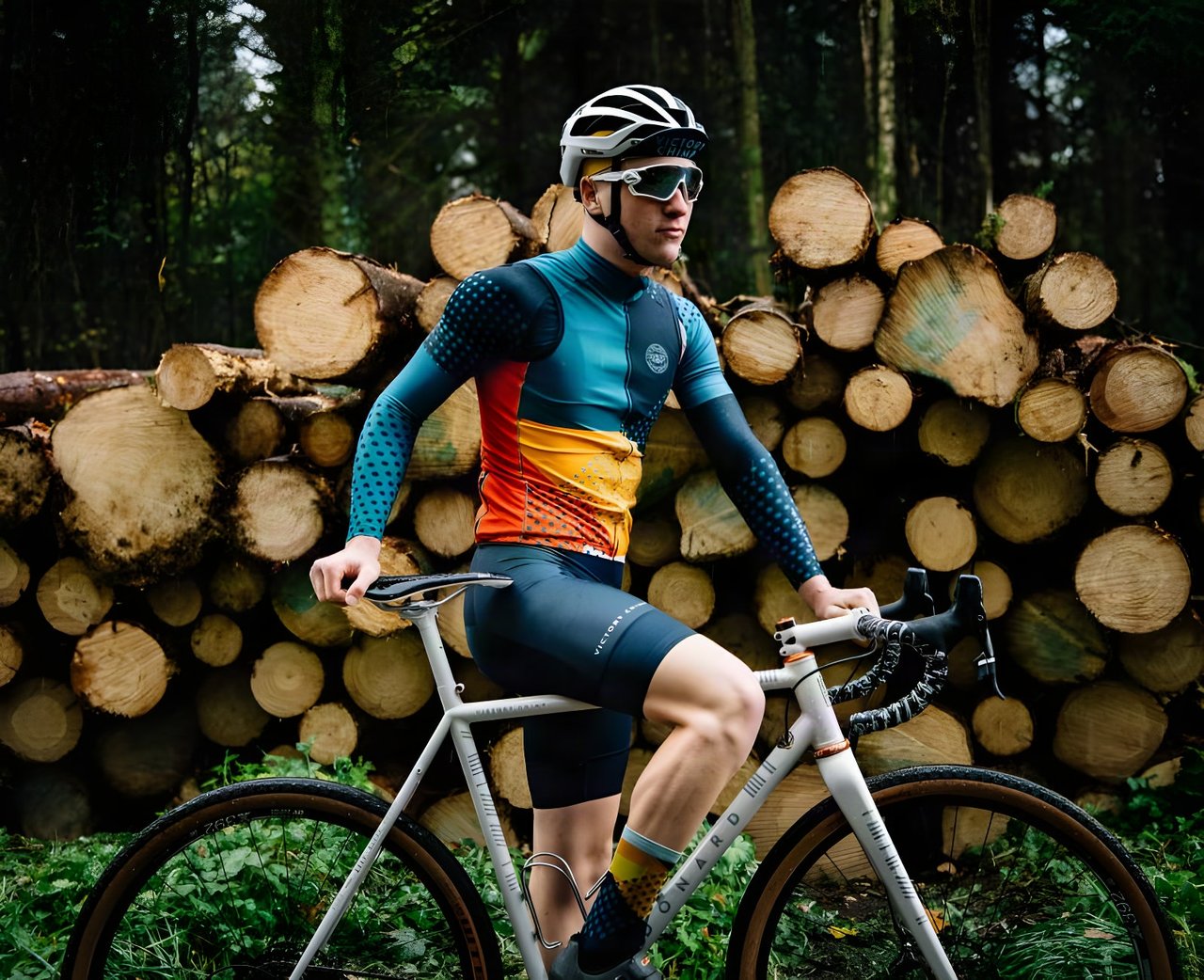 Rider in Victory Chimp Stampen Team Issue kit sits on a white Donard gravel bike in front of a log stack.