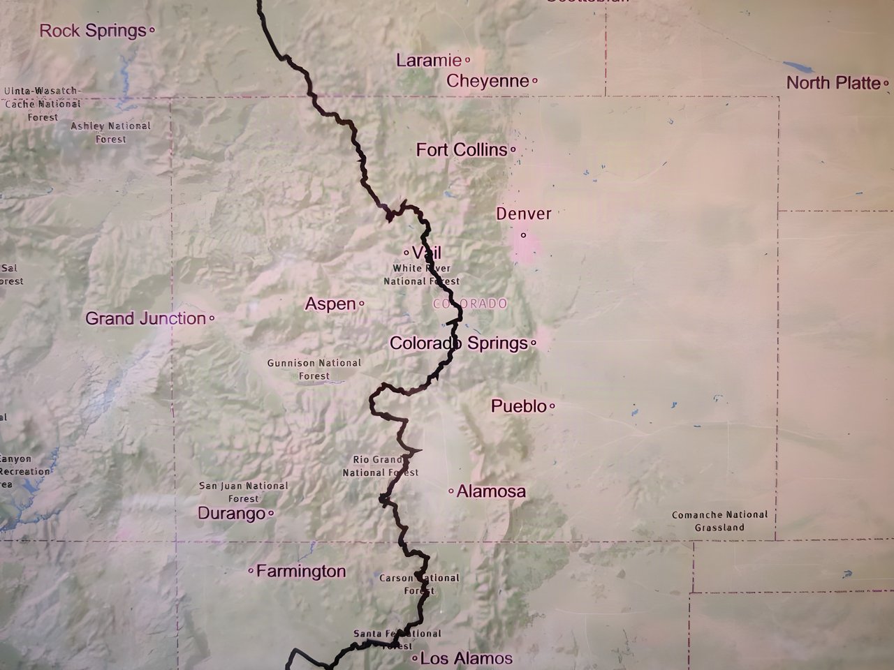 Tracemaps printed map with a Tour Divide route line running through the Colorado mountains.