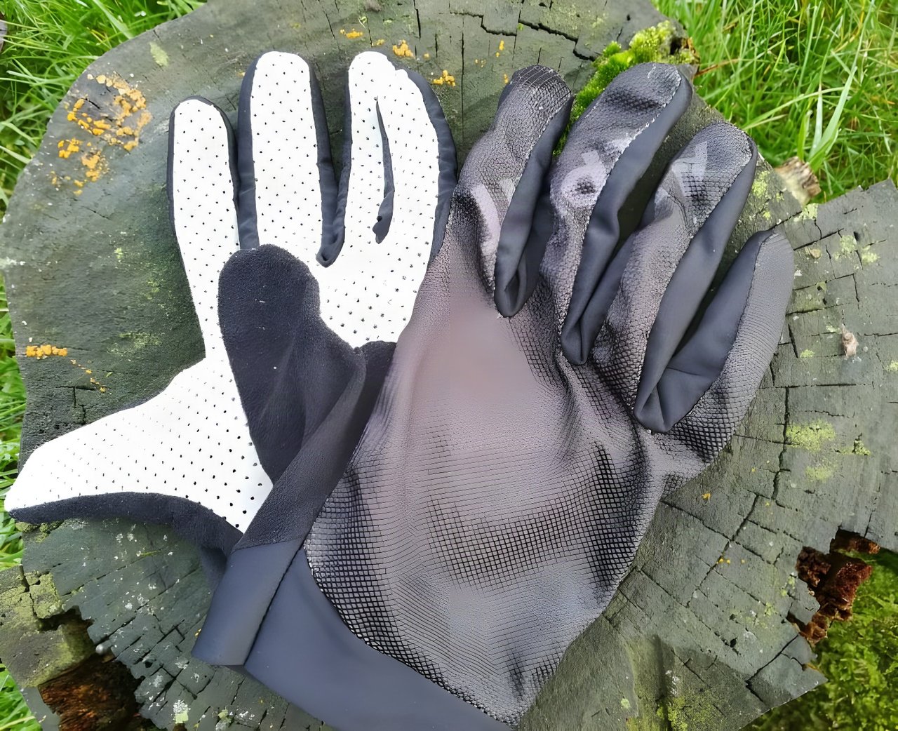 Pair of Alpkit Comet gloves on a mossy tree stump, one showing the perforated palm and one the printed back.
