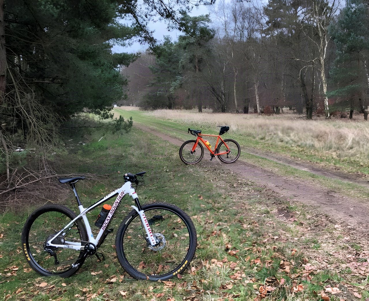 Rocky Mountain hardtail MTB and an orange drop-bar gravel bike parked on a woodland track.