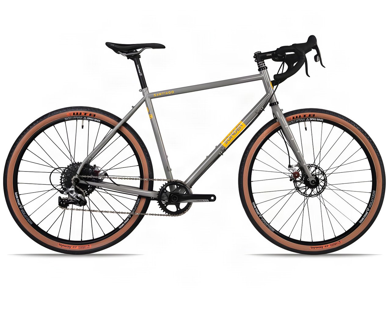 Grey Sonder Santiago steel touring bike with drop bars, disc brakes and tan-wall 650b tyres, side view.