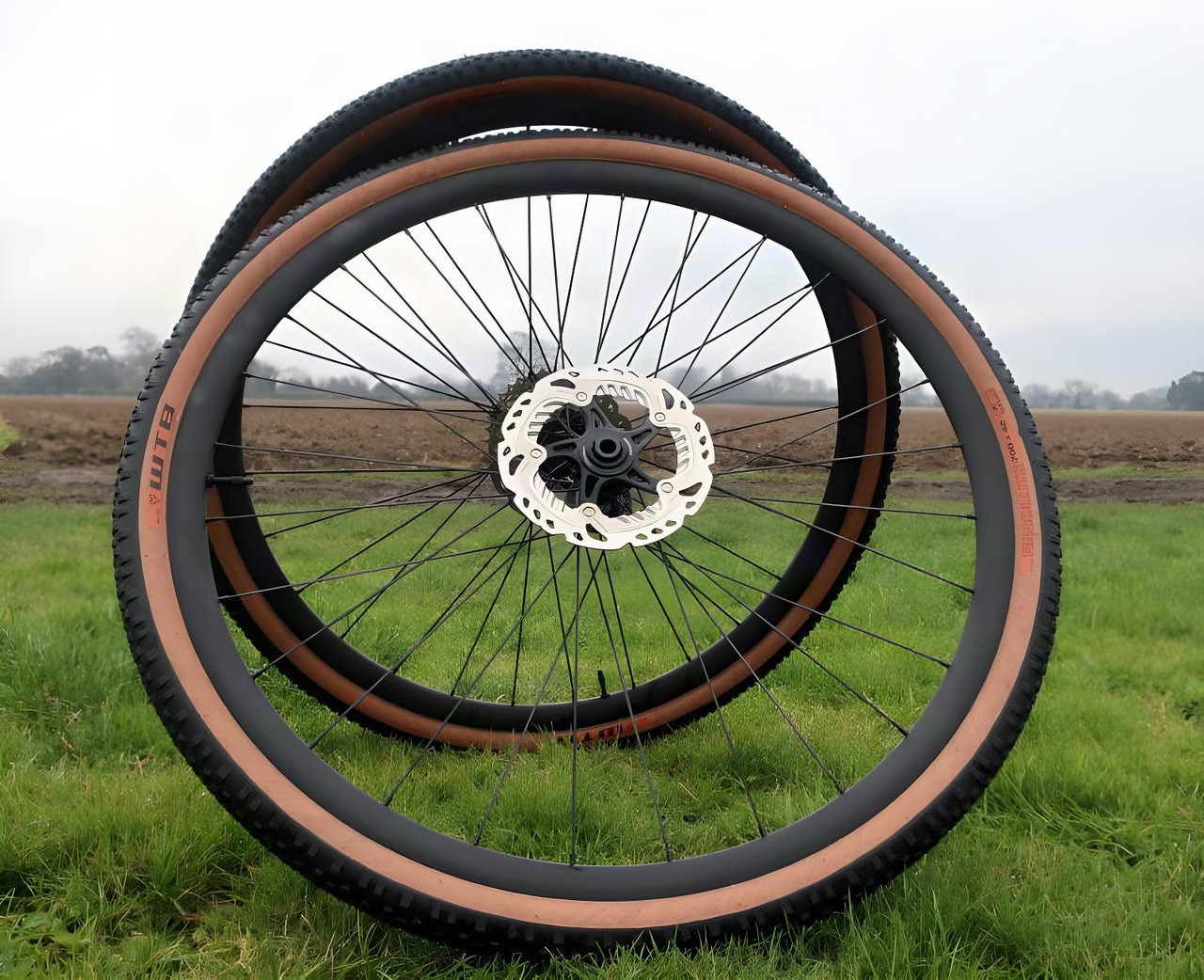 Sharp Precision Wheels gravel wheelset with tan-wall tyres and a disc rotor, standing upright in a grass field.