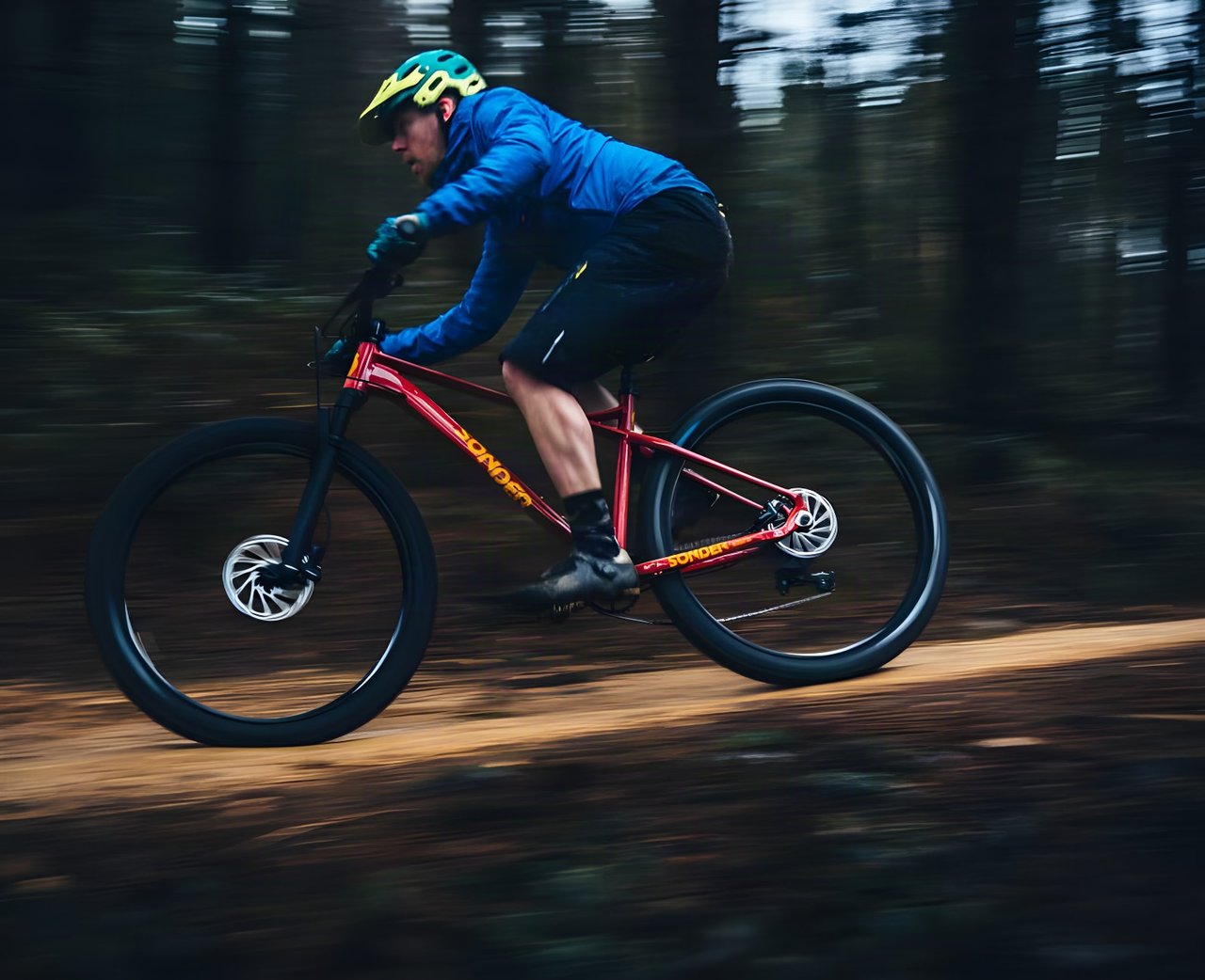 Rider in a blue jacket speeds a red Sonder Transmitter plus-tyred hardtail along a forest trail.