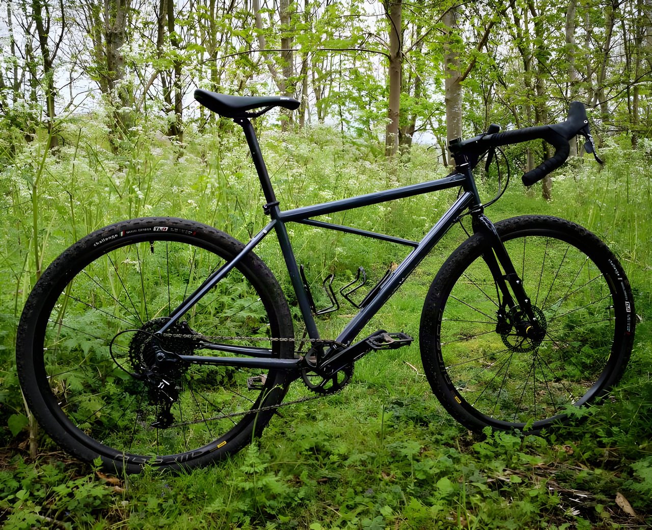 BiViBIKES Bunker steel gravel bike with drop bars and an extra tube in the front triangle, standing in woodland.