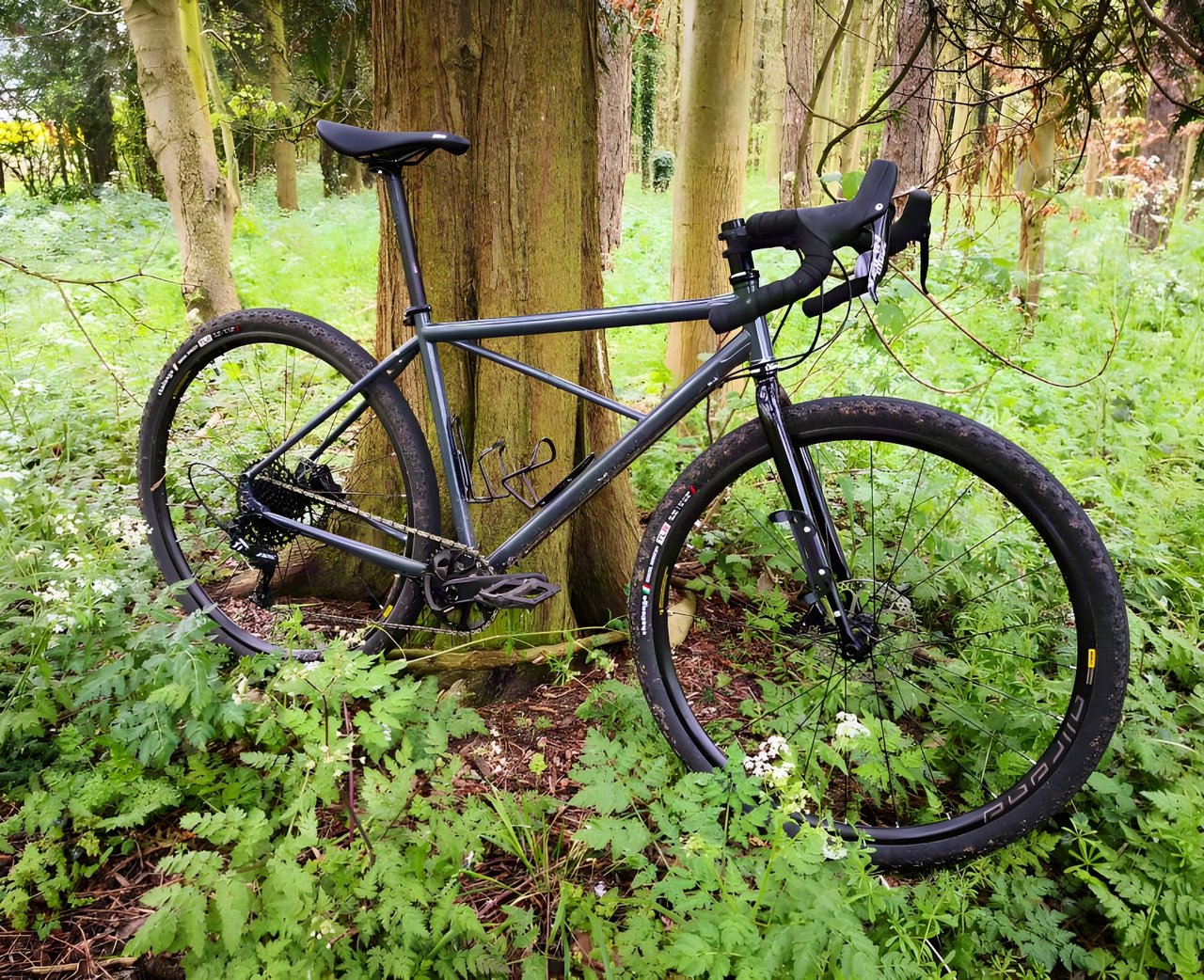BiViBIKES Bunker steel gravel bike in slate grey leaning against a tree in woodland, with 42c tyres.