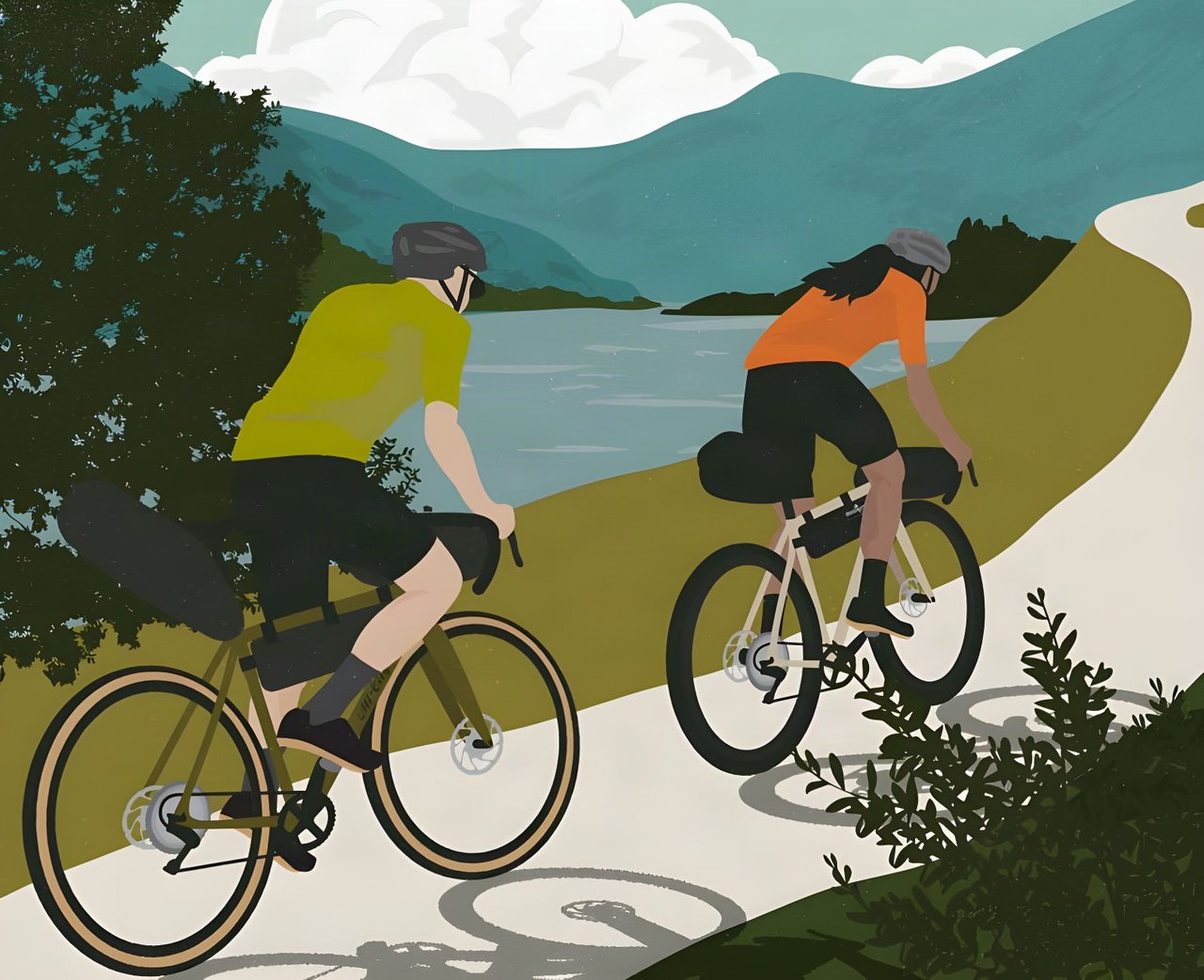 Illustrated poster of two riders on loaded gravel bikes on a lakeside track, made for The Distance bikepacking event.