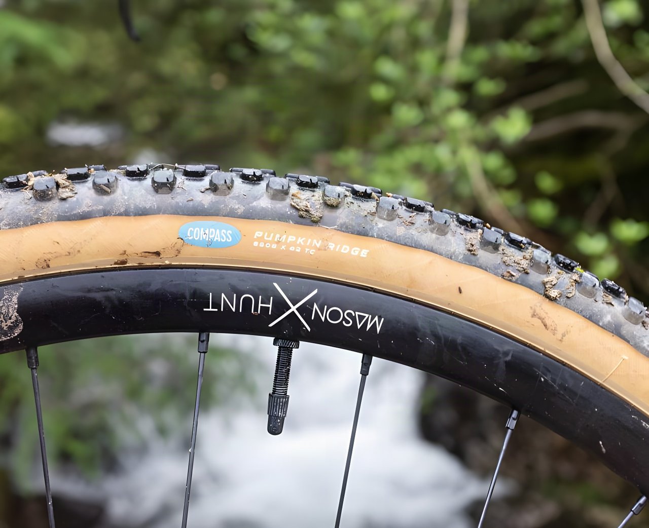 Compass-branded Rene Herse Pumpkin Ridge 650b x 42 tyre with tan sidewall on a Mason x Hunt rim, mud on the knobs.