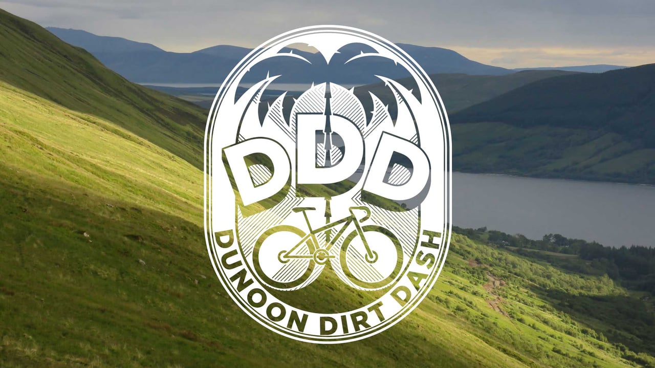 Dunoon Dirt Dash logo over a green hillside and sea loch on Scotland's Adventure Coast.