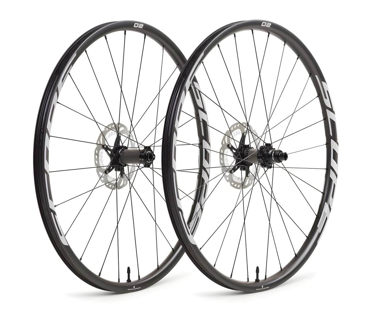 Scope O2 gravel wheelset, front and rear, with disc rotors, centre-lock hubs and white logos on black rims.
