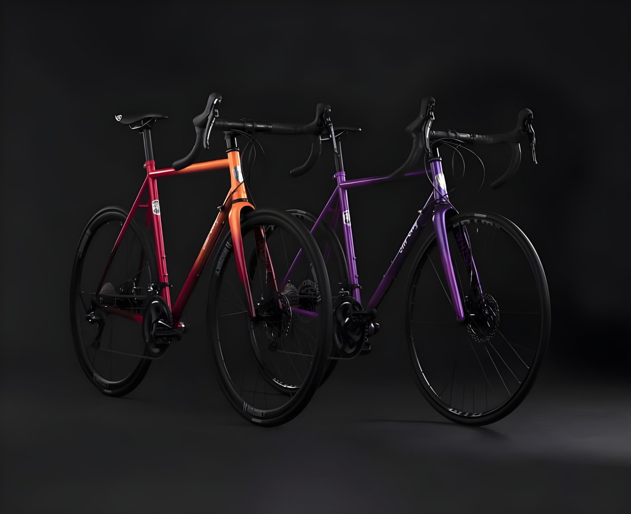 Two All-City Zig Zag steel disc road bikes, one in orange-red fade and one in purple, in a dark studio.