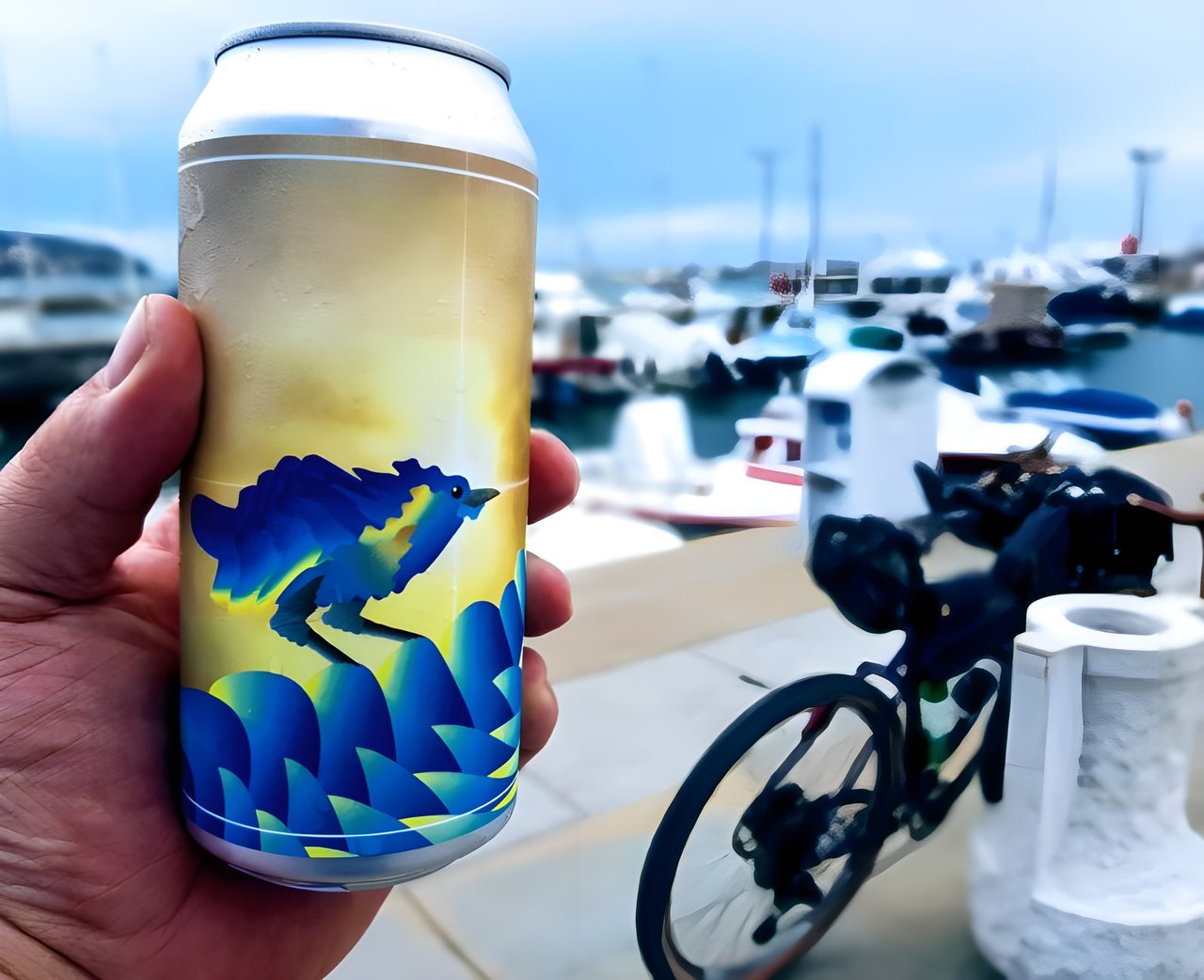 Hand holding a can of craft beer by a harbour, loaded bike behind, on a beerpacking trip through Slovenia and Croatia.