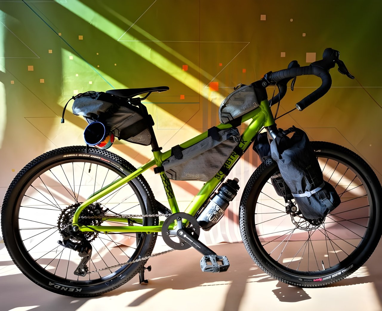 Bombtrack Beyond Junior kids' adventure bike in metallic green, loaded with Apidura bags, side view.