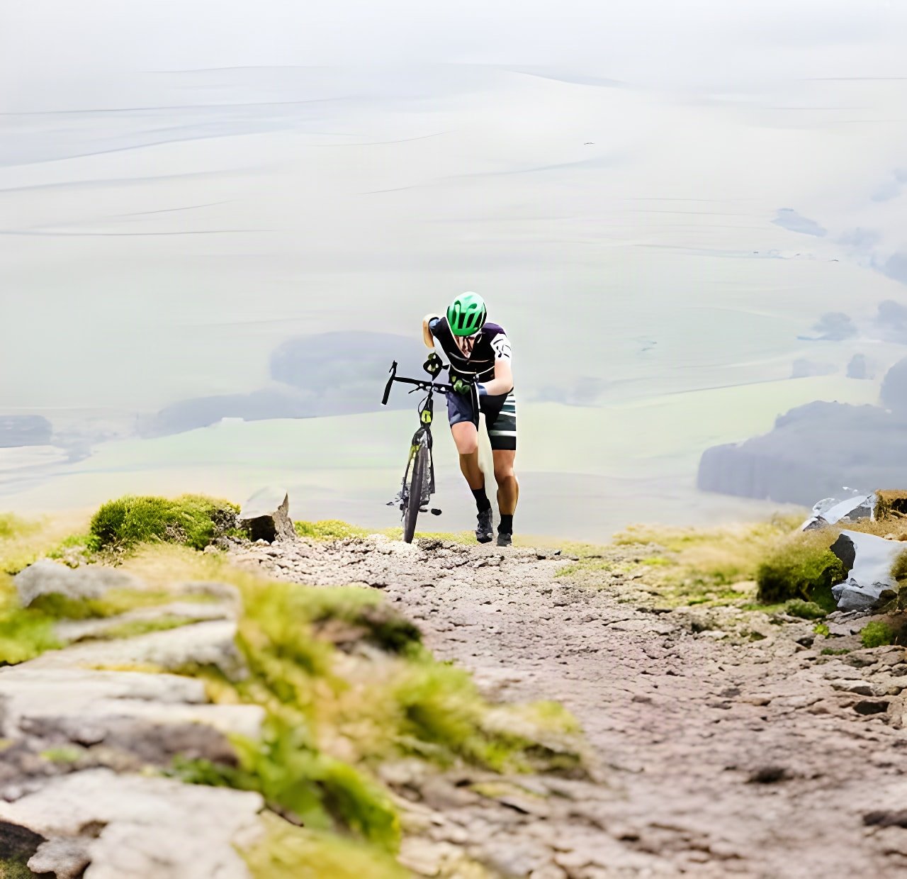 Rider pushes a cyclocross bike up a rocky fellside path above a misty valley at the 3 Peaks Cyclocross in the Dales.
