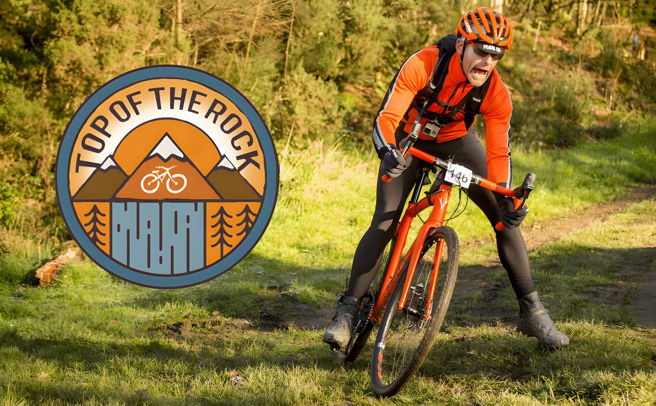 Top of the Rock logo beside a rider in orange on a gravel bike at the Sutton Bank gravel sportive.
