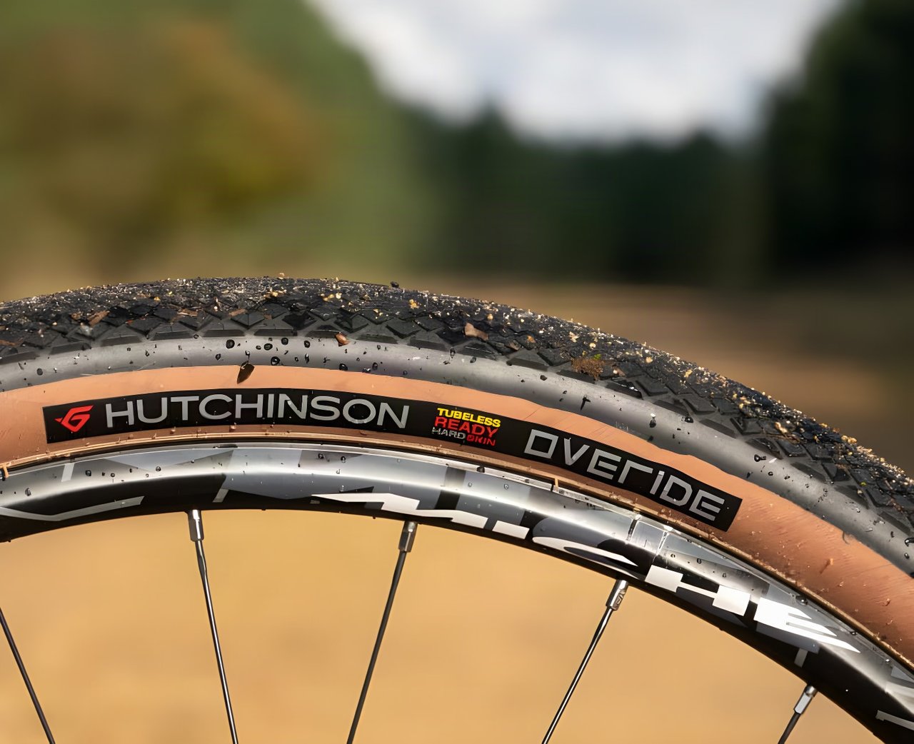Hutchinson Overide 650b x 47 tubeless gravel tyre with tan sidewall and fine diamond tread, close up.