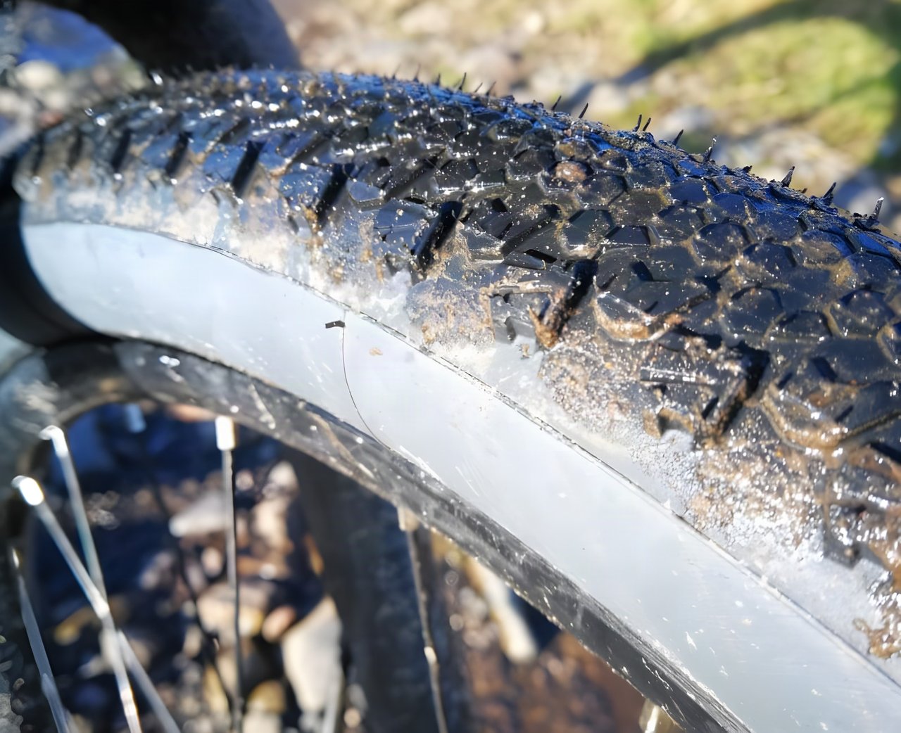 Close-up of a muddy Vittoria Terreno Dry 650b x 47 gravel tyre showing its ramped centre and side knobs.