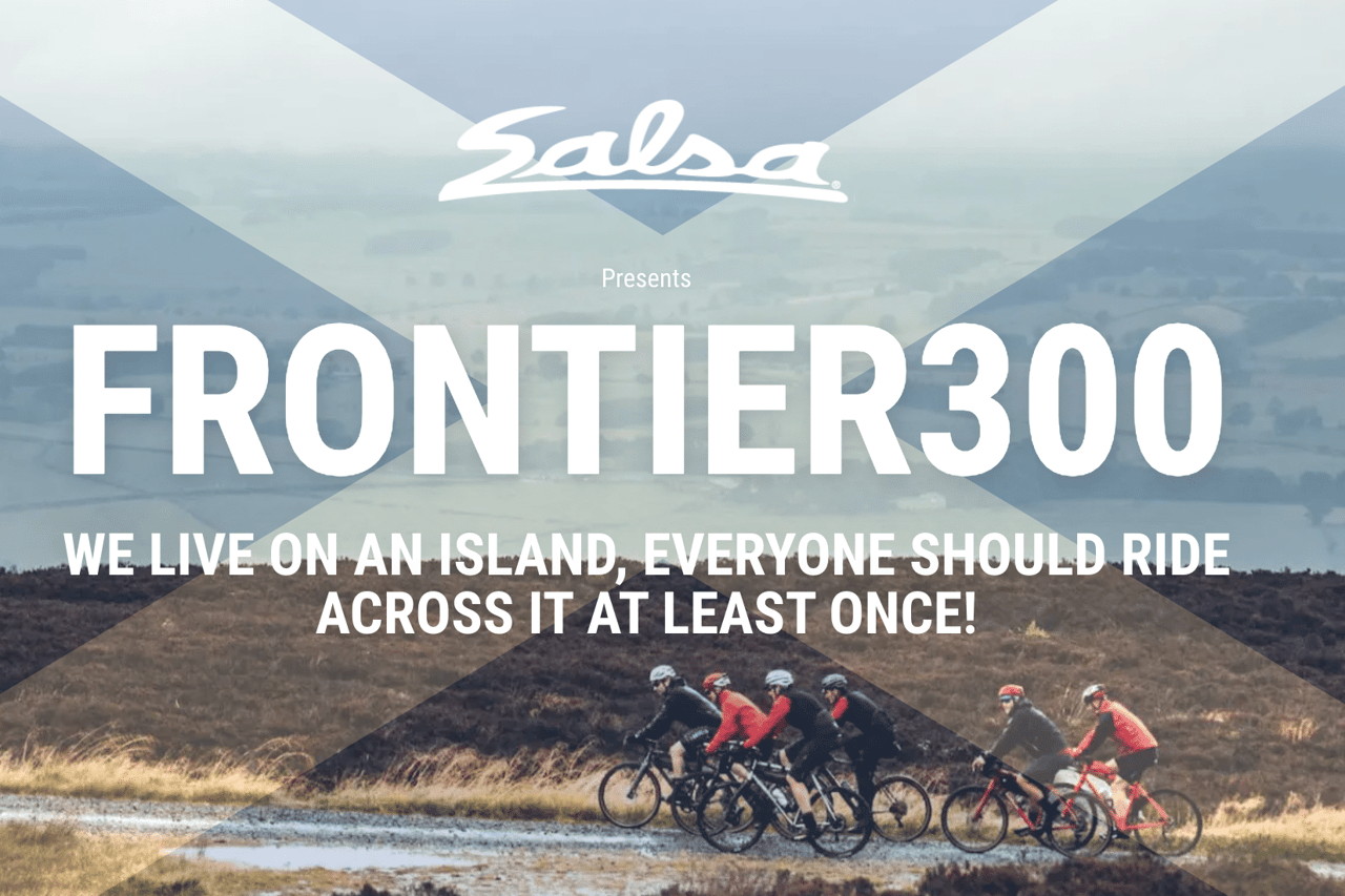 Salsa Frontier 300 poster: riders on a moorland gravel track and the line 'everyone should ride across it at least once'.