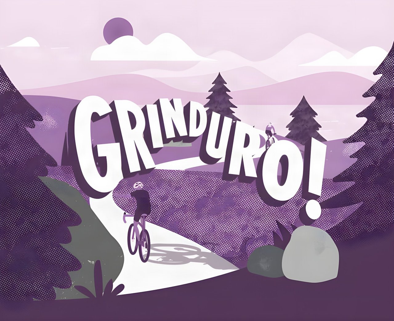 Purple Grinduro banner artwork of a rider on a gravel track between pine trees, announcing the 2020 move to Wales.