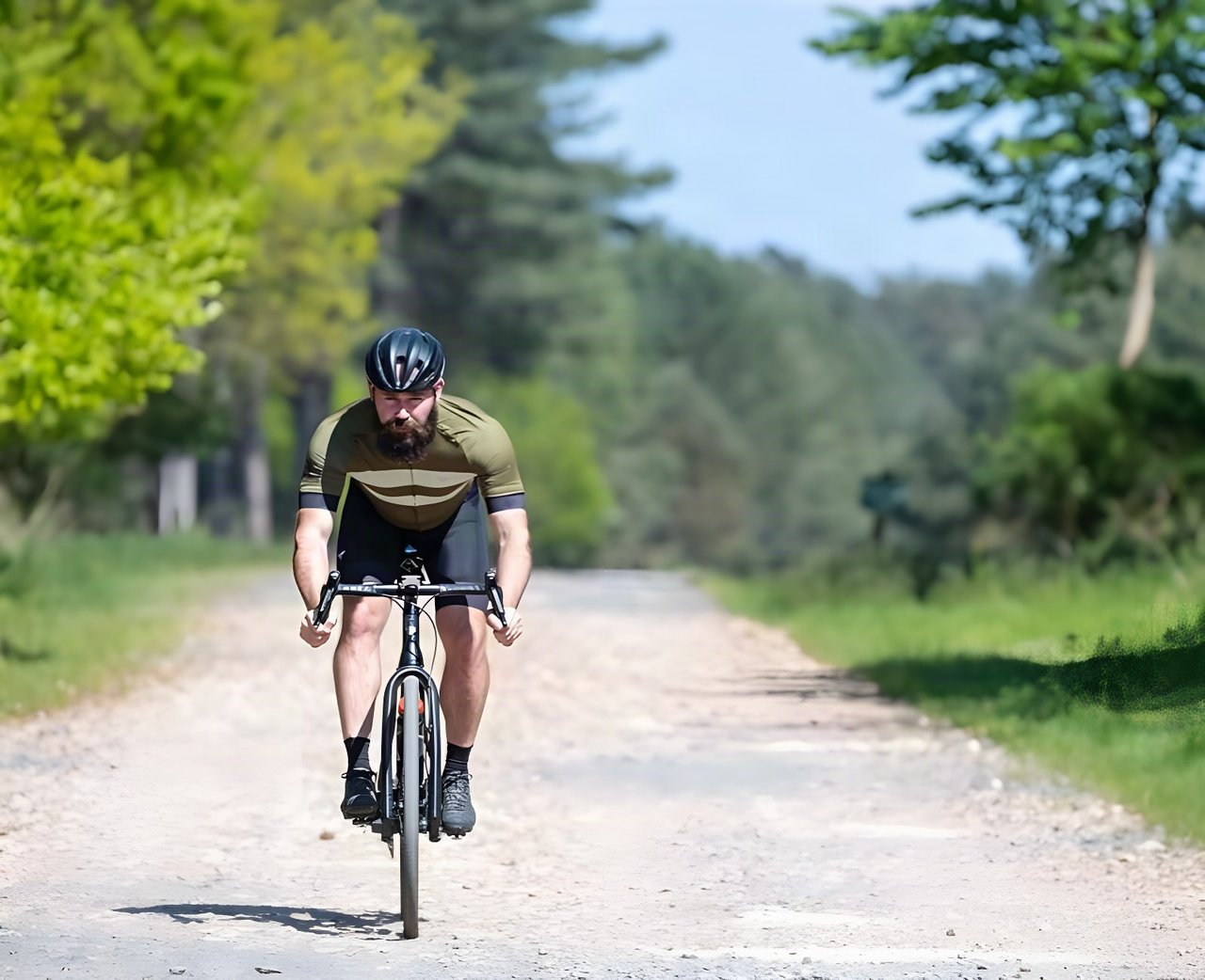 Bearded rider in a khaki jersey sprints along a wide gravel track through woodland on a drop-bar bike.