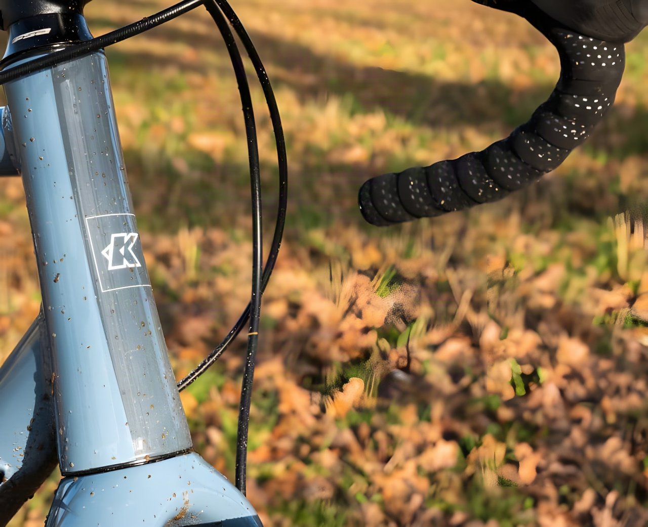 Kinesis G2 head tube in slate blue with the K logo, reflective-dot bar tape and autumn leaves behind.
