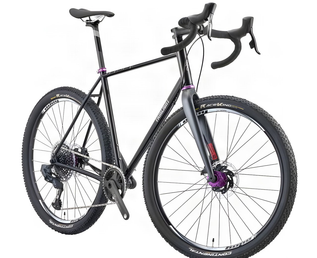 Black Fairlight Secan steel gravel bike with SRAM Force 1x and purple Hope parts, front three-quarter view.