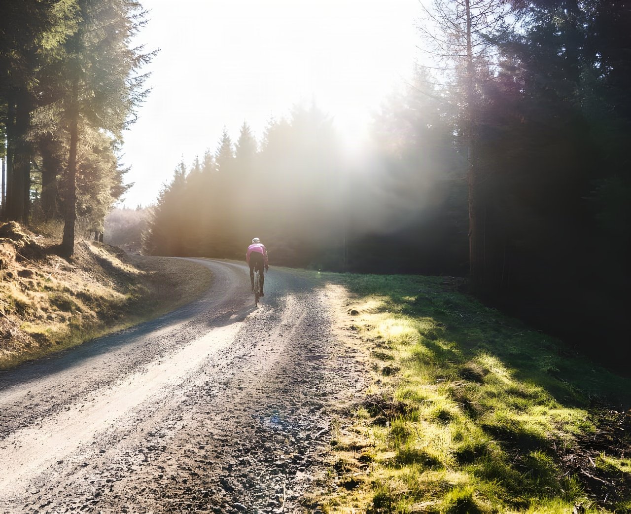 Rider in a pink jersey climbs a sunlit forest gravel track, one of photographer Dan Monaghan's images.